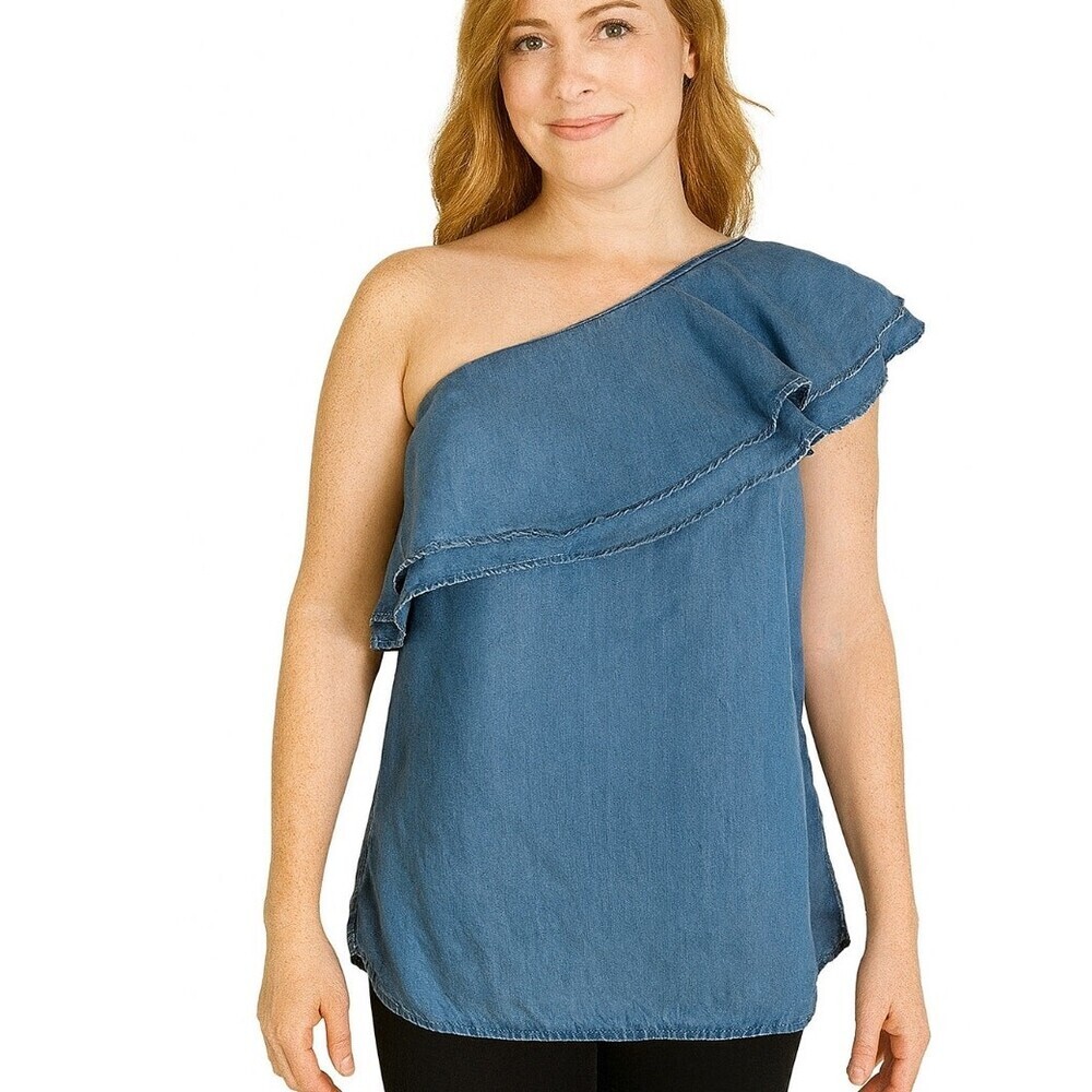Michael Kors top blouse off the shoulder ruffle chambray side zip 100% Lyocell